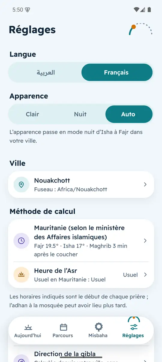 Écran Réglages : langue, apparence, ville et méthode de calcul des horaires